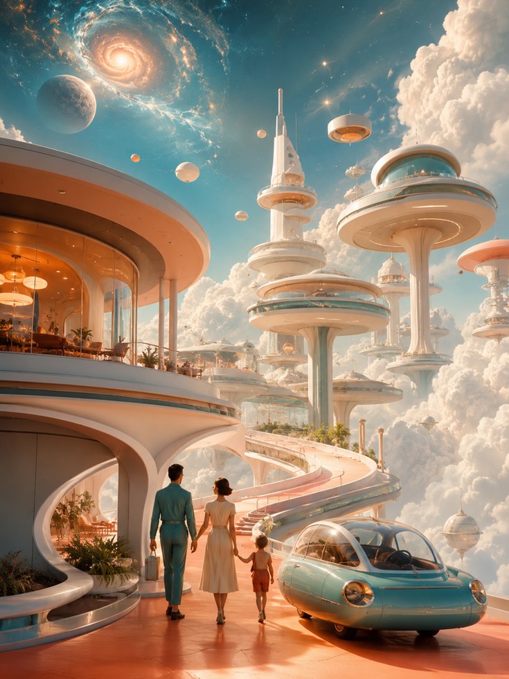 Retro Future City Poster: Mid-Century Space Architecture Print - artwork on paper