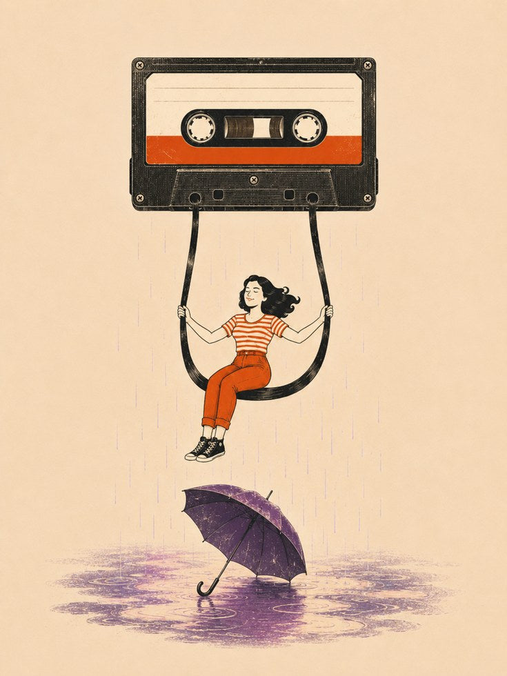 Vintage Music Print: Cassette Tape Swing Girl - artwork on paper