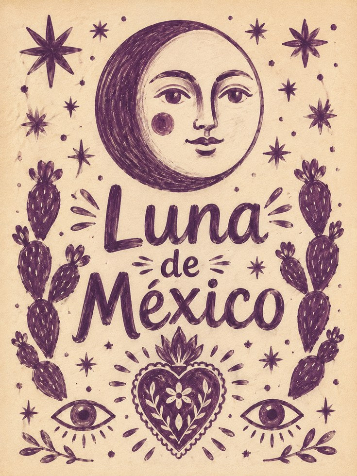 Luna De Mexico Folk Art Print: Purple Mexican Moon Poster - artwork on paper