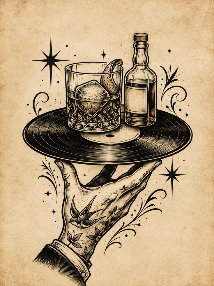 Vintage Cocktail Vinyl Record Art Print: Retro Bar Illustration - artwork on paper