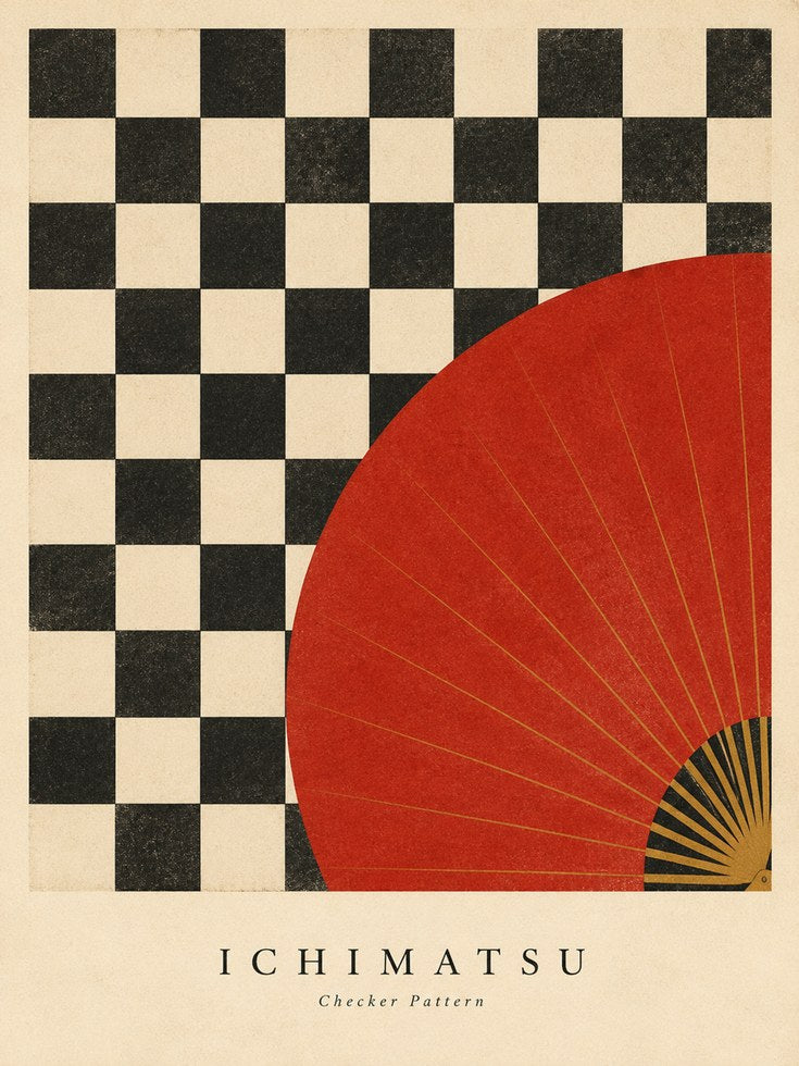 Japanese Checkerboard Wall Art – Red Fan - artwork on paper