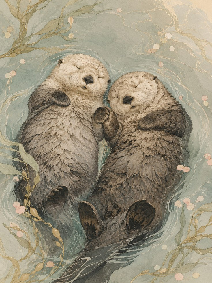 Sea Otters Holding Hands Art Print: Watercolor Wildlife Illustration - artwork on paper