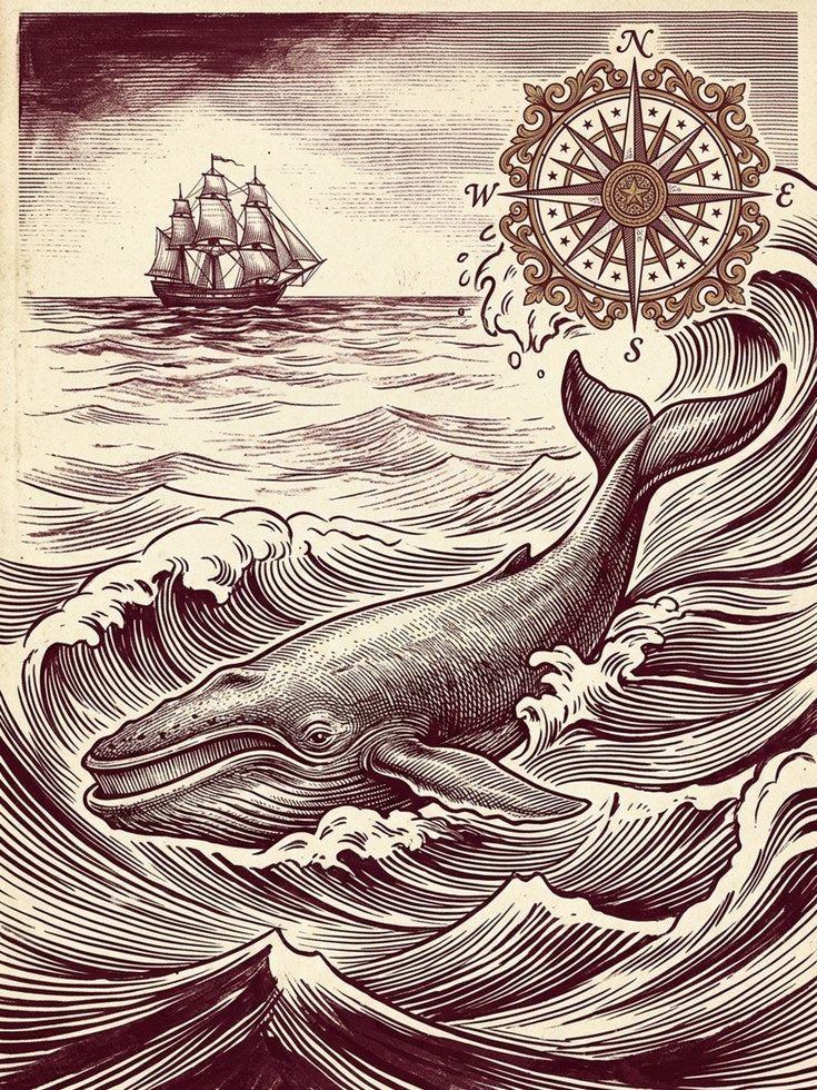 Vintage Whale Print: Nautical Engraving with Compass Rose & Ship - artwork on paper