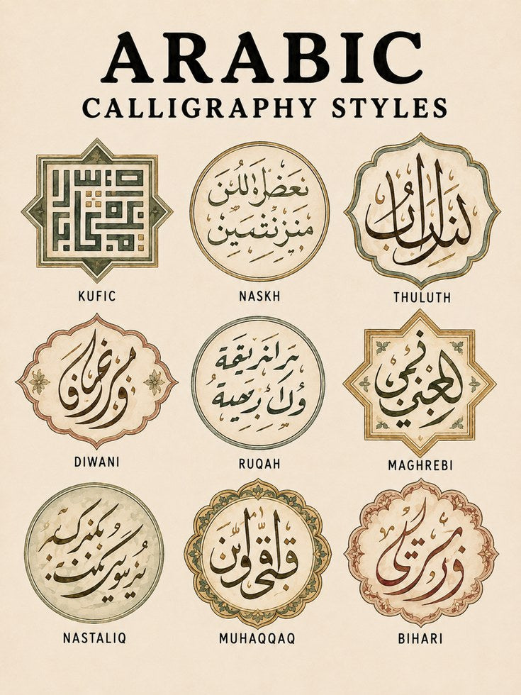 Arabic Calligraphy Art Print – Nine Styles - artwork on paper