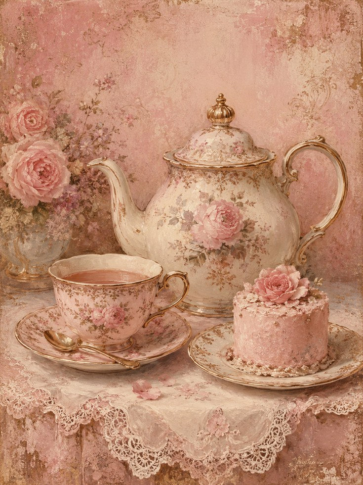 Vintage Tea Party Print – Pink Floral Wall Art - artwork on paper