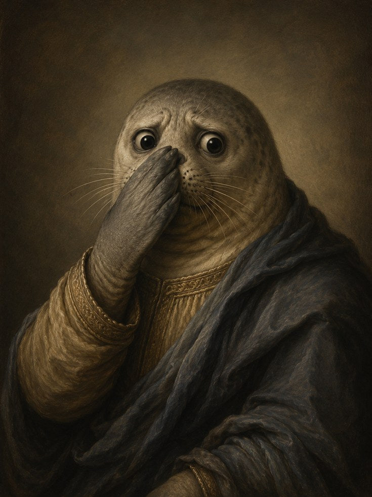 Funny Bathroom Poster Seal Portrait Print: Classical Renaissance - artwork on paper