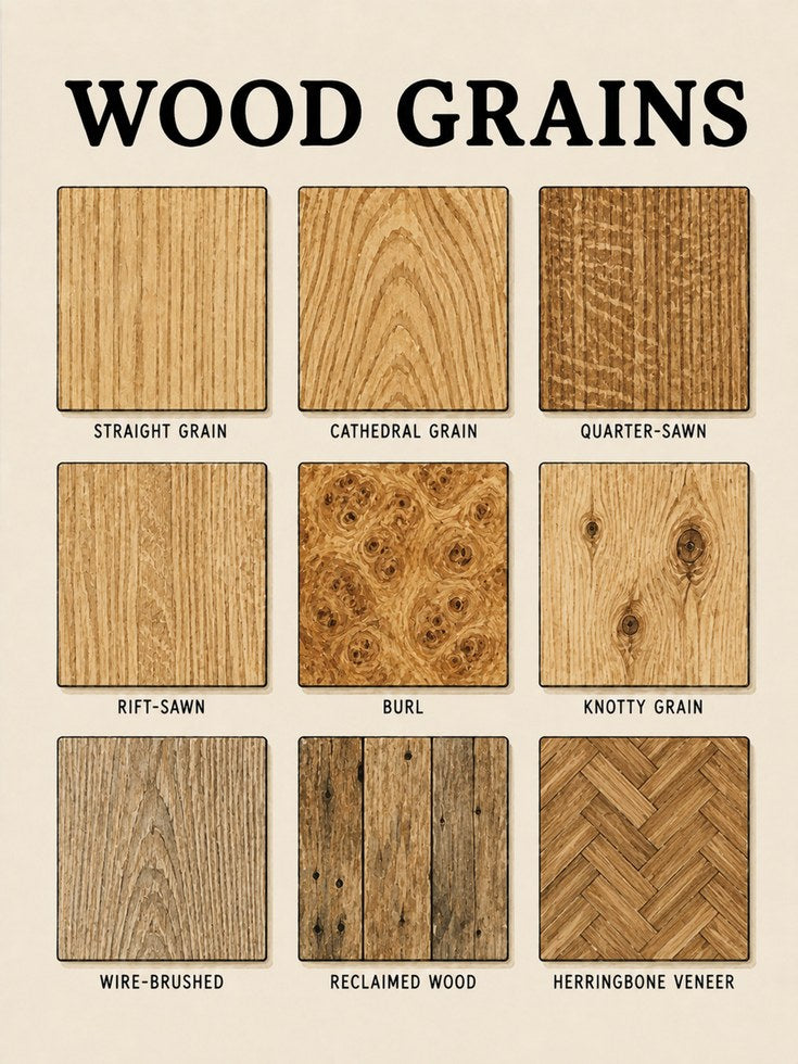 Wood Grains Reference Chart: Educational Carpentry Wall Art - artwork on paper