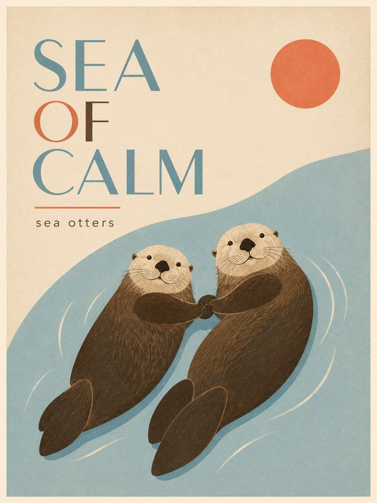Sea Otters Holding Hands Print: Minimalist Ocean Wildlife Art - artwork on paper