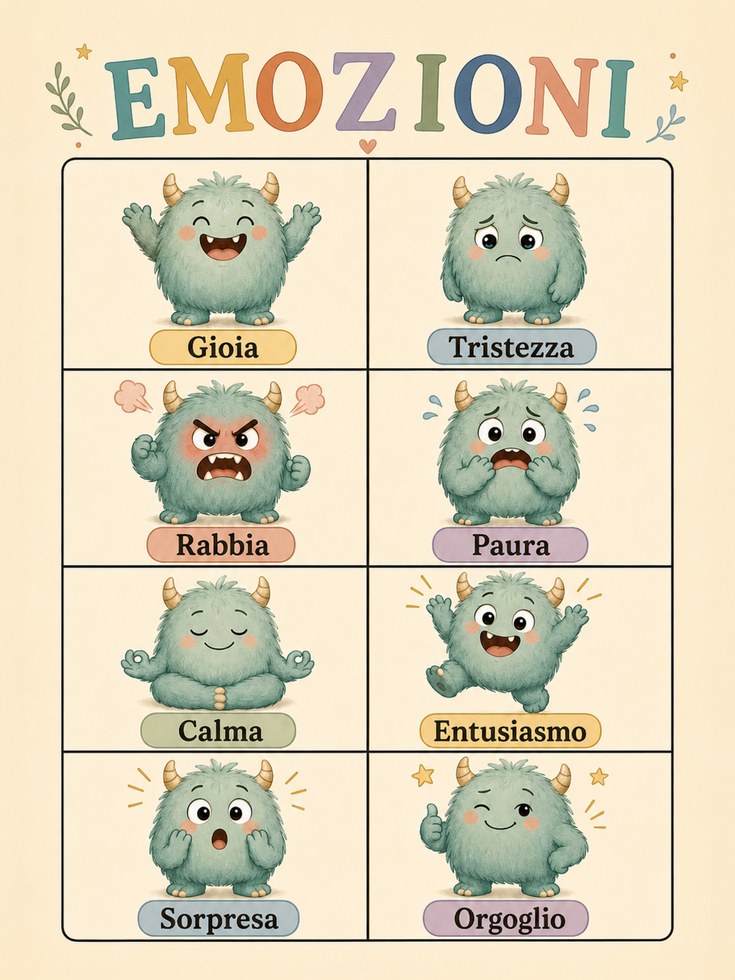 Italian Emotions Chart Print – Monster Illustrations for Kids Rooms - artwork on paper