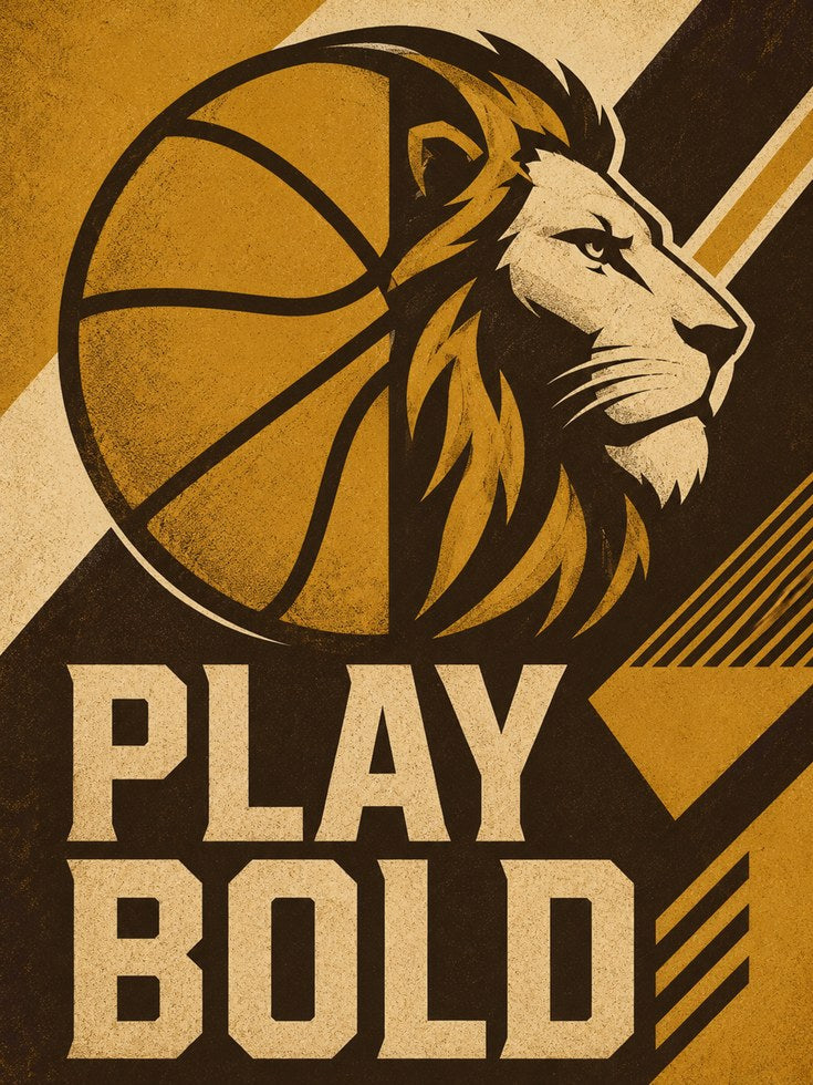 Basketball Lion Art Print: Retro Gold Sports Motivational Poster - artwork on paper