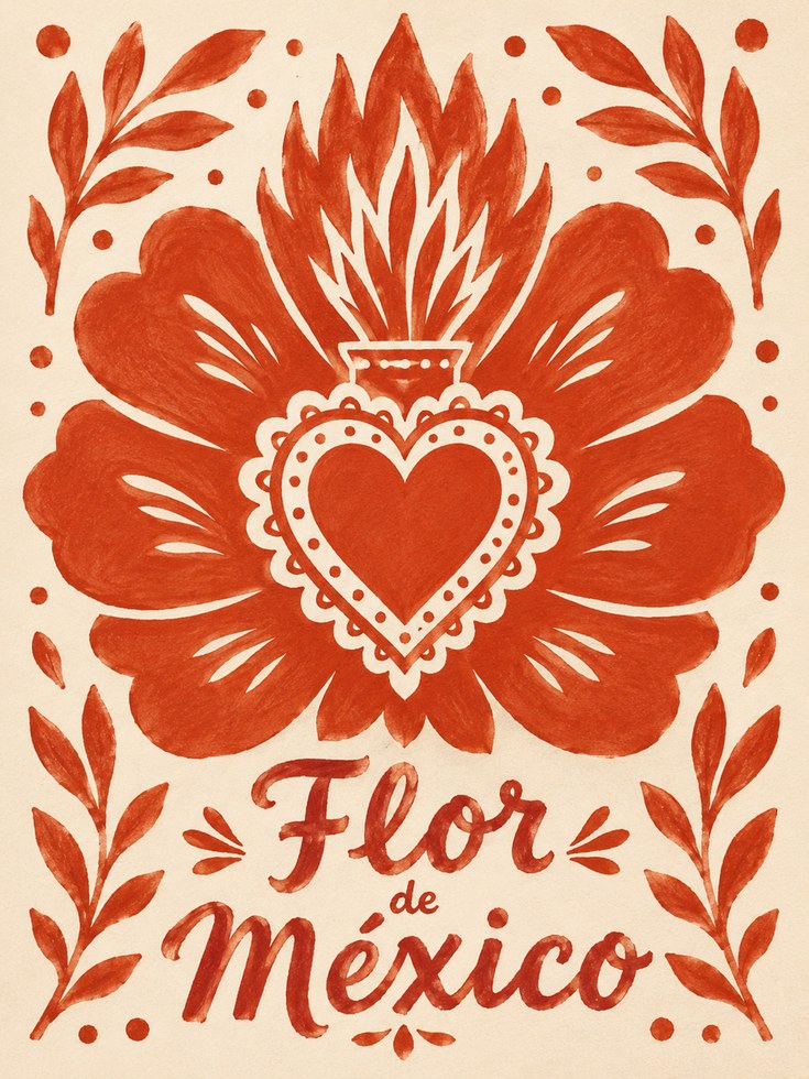 Sacred Heart Flor de Mexico: Folk Art Print in Terracotta Orange - artwork on paper