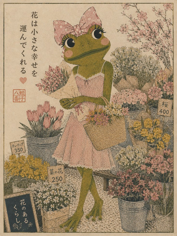 Japanese Frog Flower Shop Print - artwork on paper