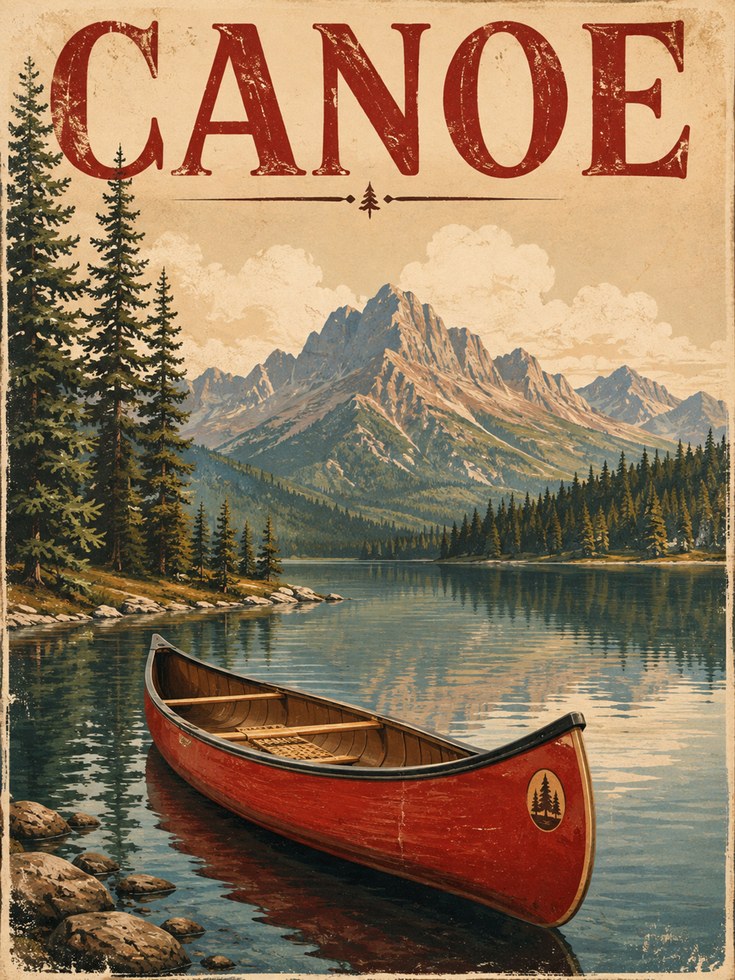 Vintage Canoe Mountain Lake Poster: Retro Wilderness Travel Art - artwork on paper