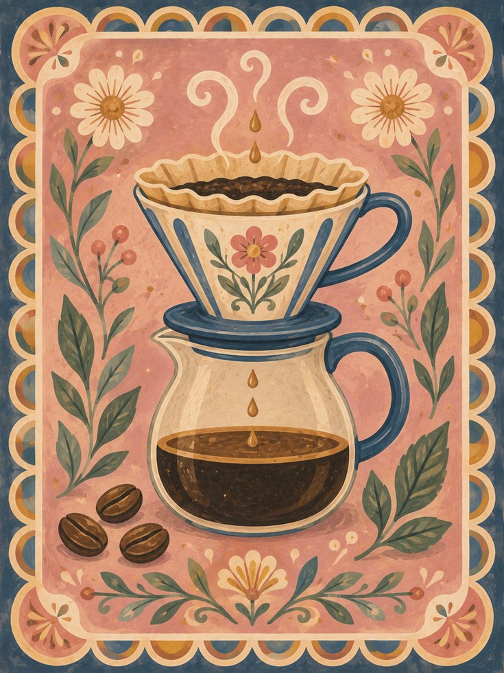 Folk Art Coffee Print – Botanical Kitchen Decor - artwork on paper