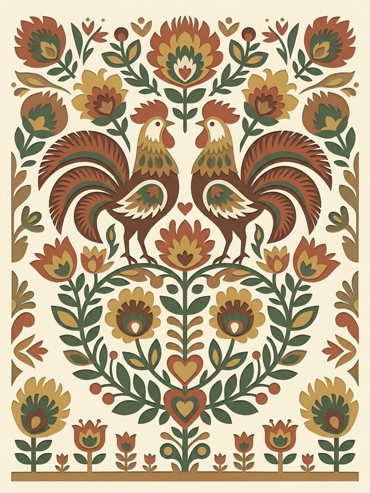 Folk Art Rooster Print: Symmetrical Floral Design in Earth Tones - artwork on paper