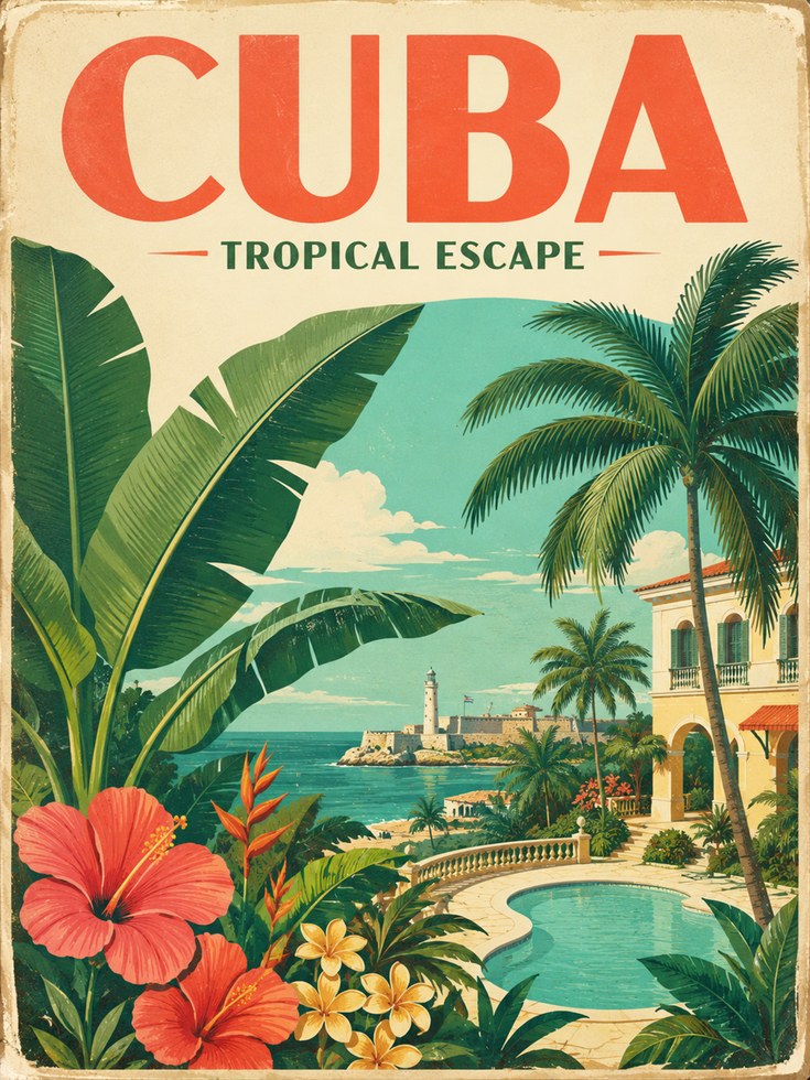 Cuba Travel Poster – Vintage Tropical Wall Art - artwork on paper