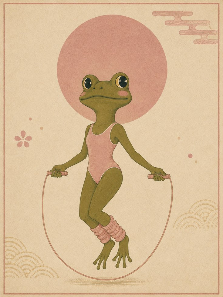 Japanese Frog Jump Rope Art Print: Whimsical Pink Green Poster - artwork on paper