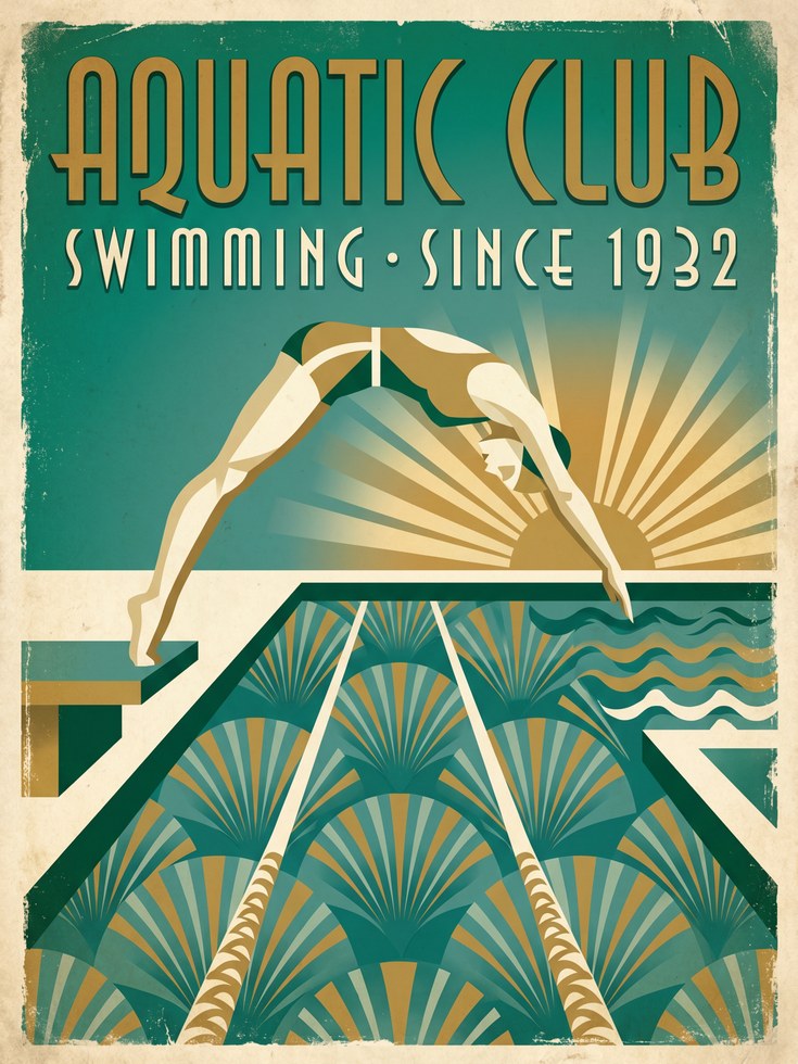 Aquatic Club Art Deco Poster: Vintage Swimming Pool Print - artwork on paper