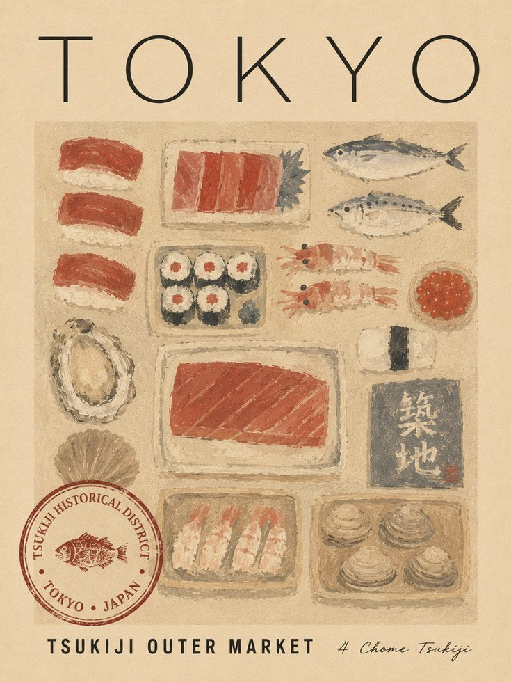 Tokyo Travel Poster – Sushi Wall Art - artwork on paper