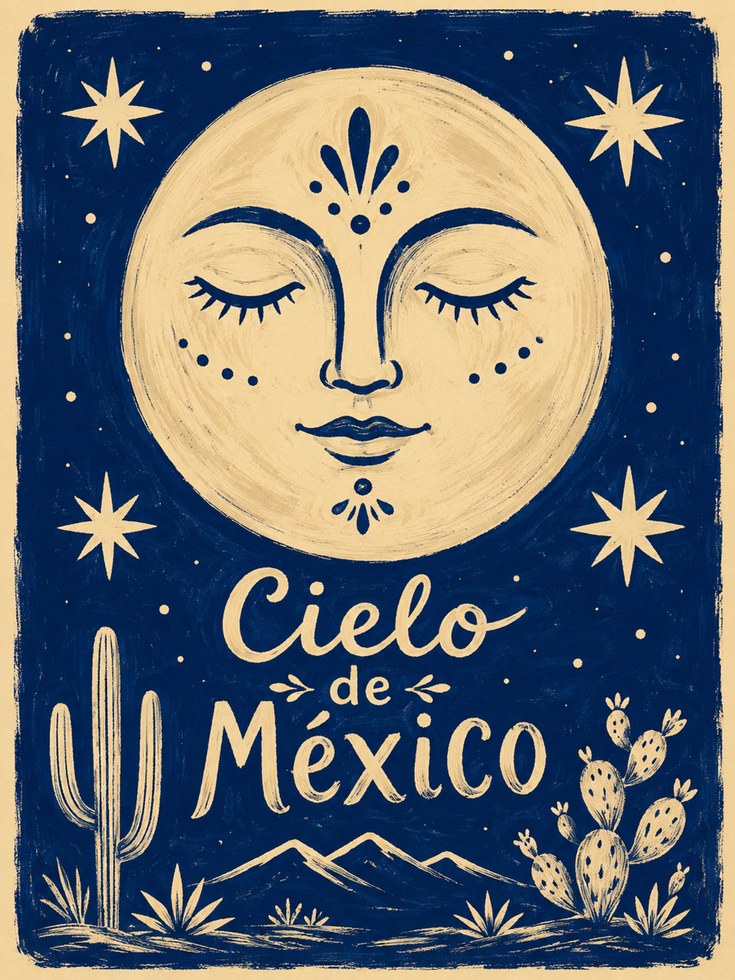 Mexican Moon Face Art Print: Folk Art Blue and Cream Design - artwork on paper