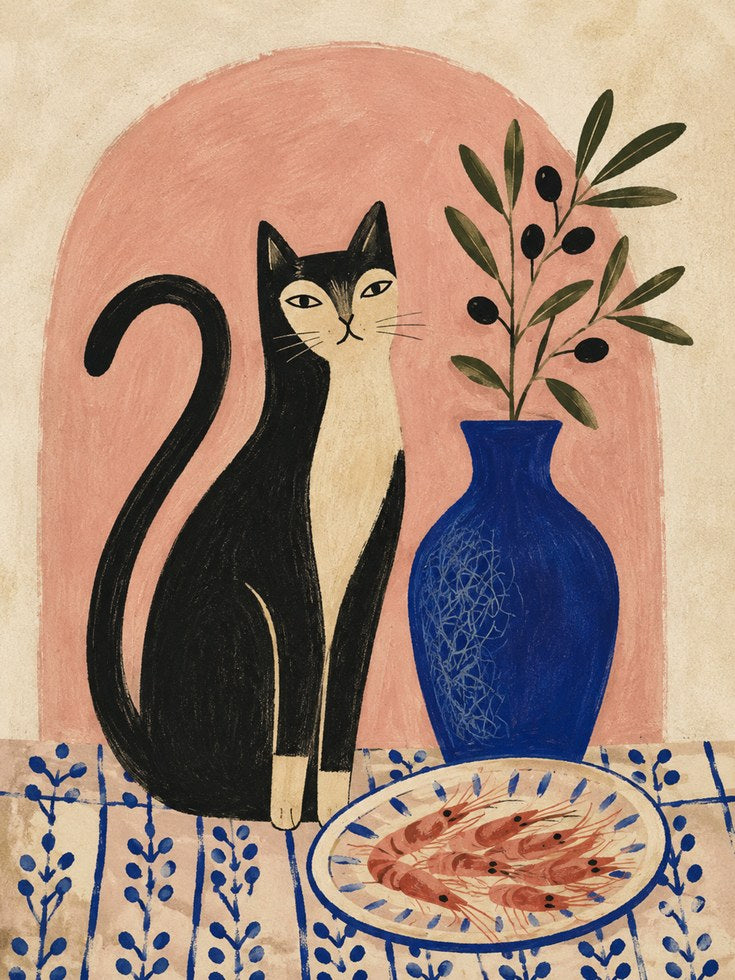 Folk Art Black Cat Print – Olive Branch Vase - artwork on paper