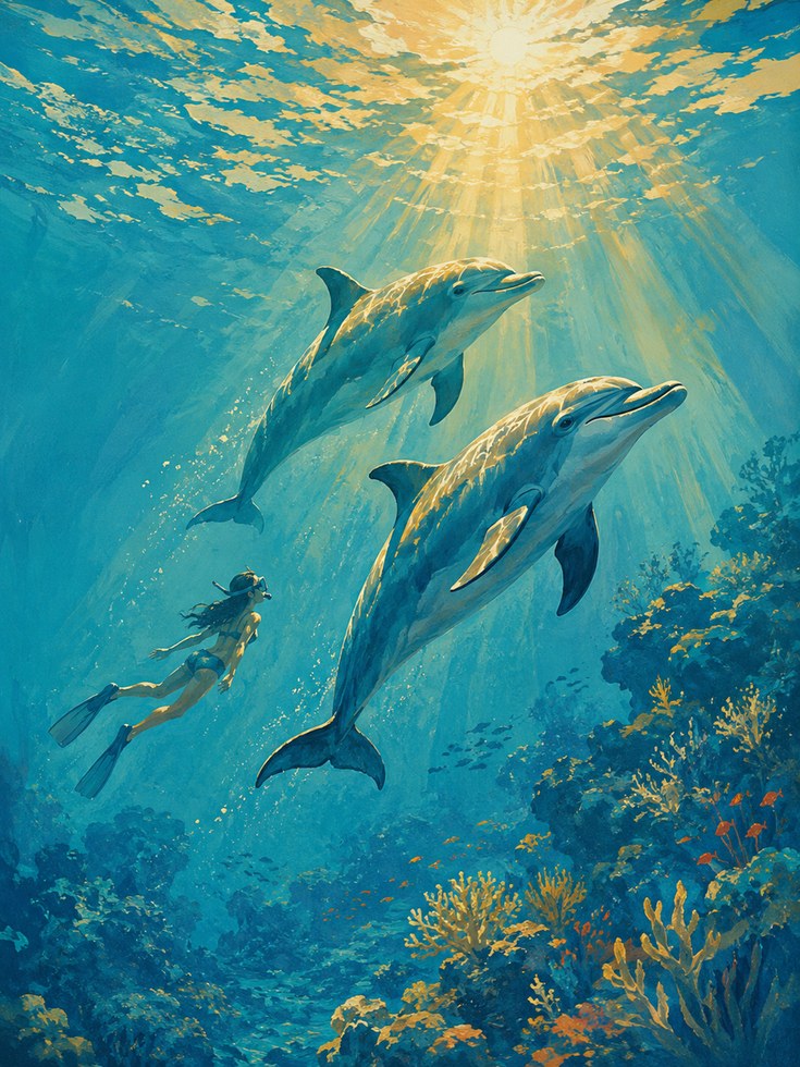 Dolphins and Diver Underwater Print: Turquoise Ocean Scene - artwork on paper