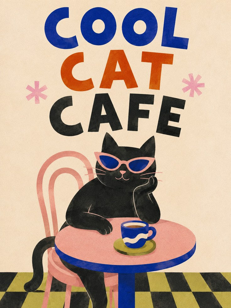 Cat Cafe Wall Art – Retro Black Cat Print - artwork on paper