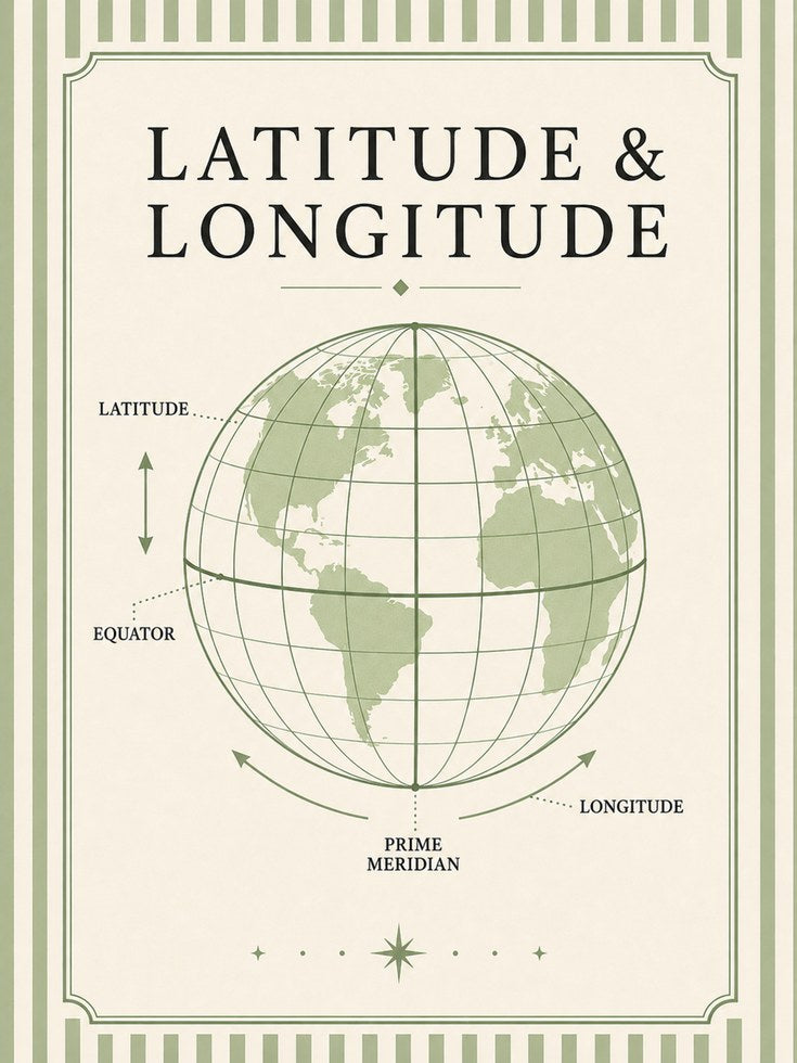 Latitude and Longitude Globe Print: Vintage Geography Wall Art - artwork on paper