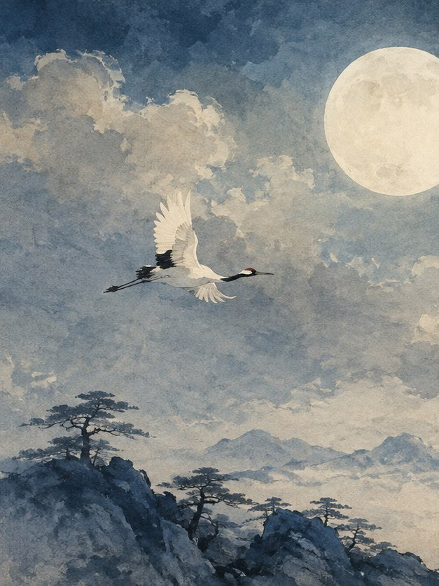 Crane Flying Under Full Moon: Japanese Watercolor Art Print - artwork on paper