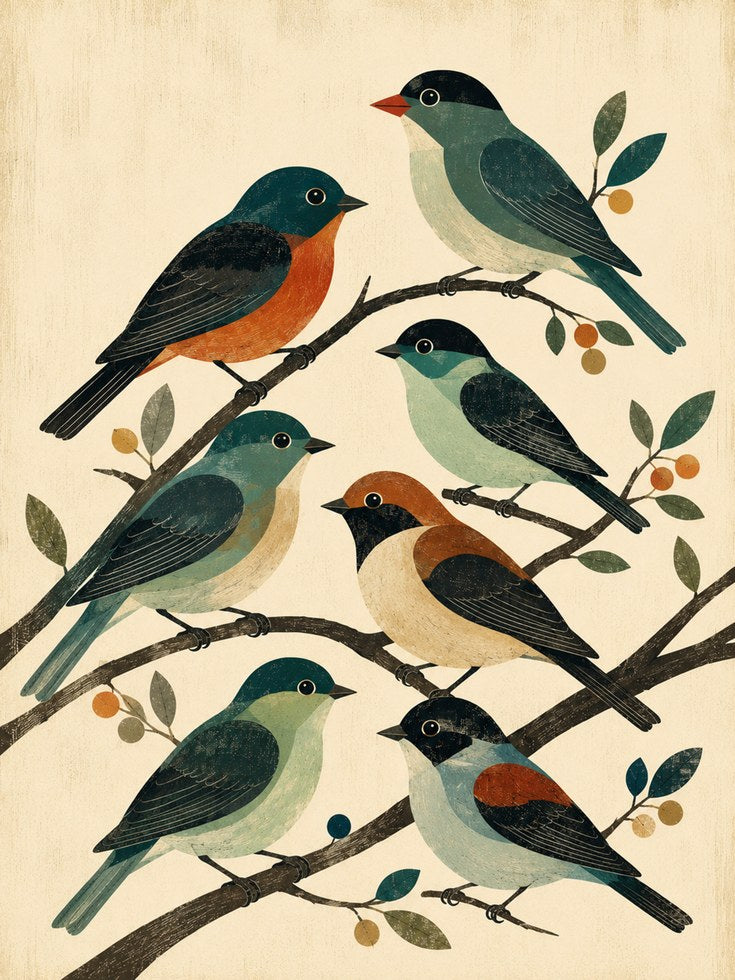 Vintage Bird Illustration Print — Folk Art Songbirds on Branches - artwork on paper