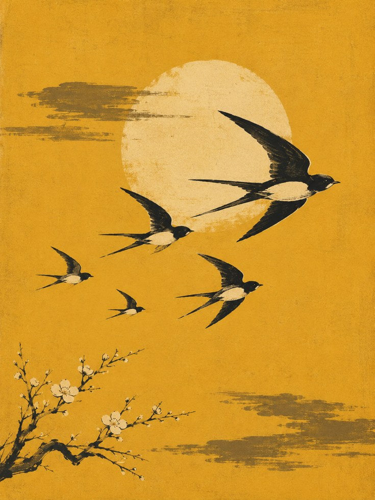 Vintage Japanese Swallows Print - artwork on paper
