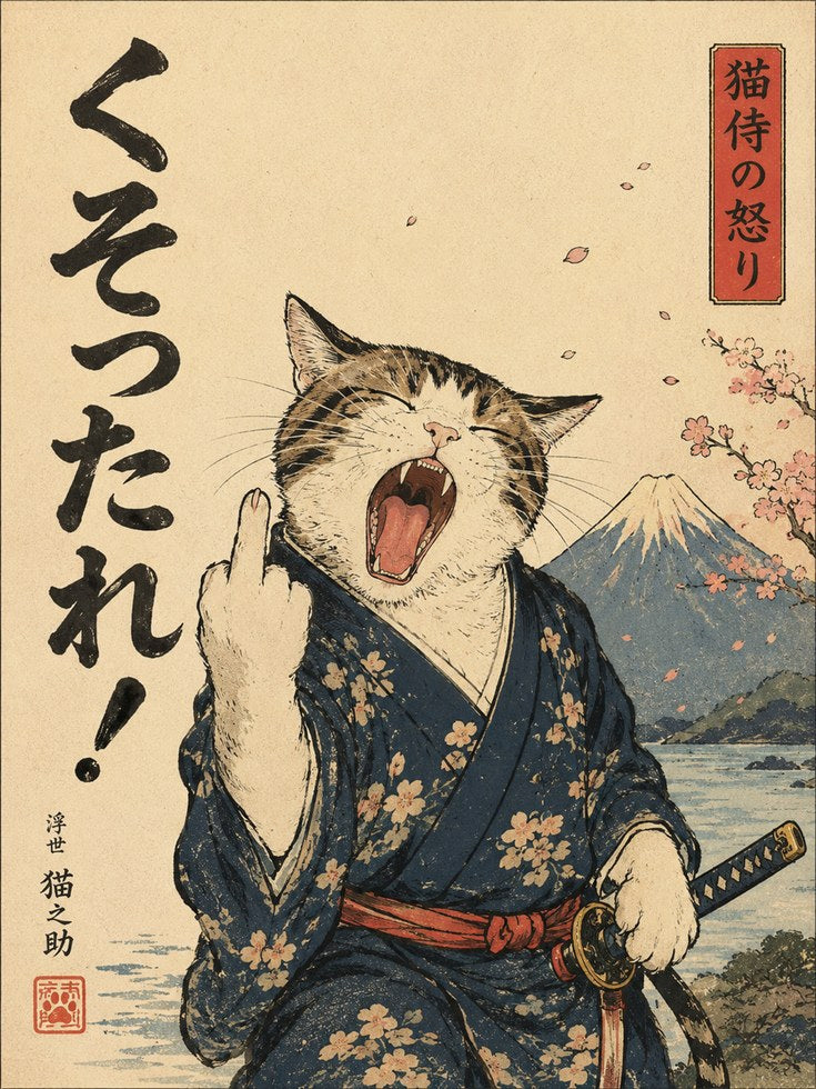 Japanese Yawning Samurai Cat Print: Ukiyo-e Mount Fuji Art - artwork on paper