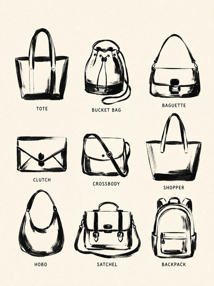 Handbag Types Guide Print: Black Ink Fashion Illustration - artwork on paper