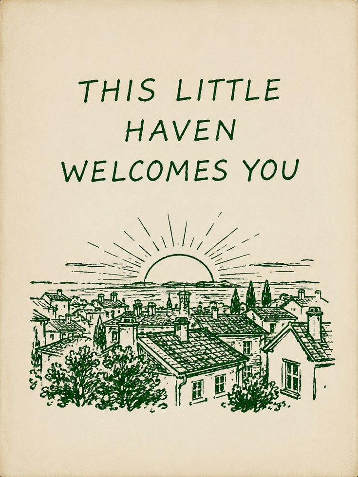 This Little Haven Welcomes You: Vintage Village Sunset Print - artwork on paper