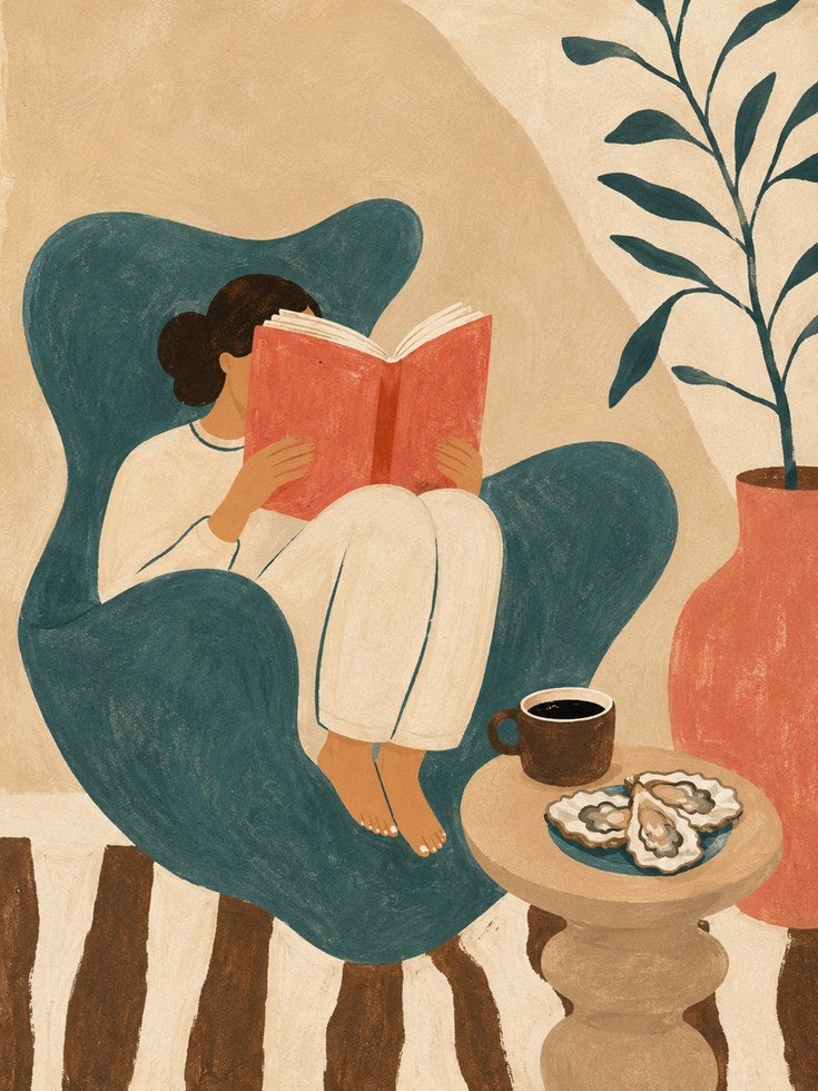 Reading Woman in Teal Chair Art Print: Minimalist Illustration - artwork on paper