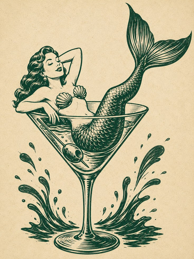 Mermaid in Martini Glass Art Print: Vintage Nautical Illustration - artwork on paper