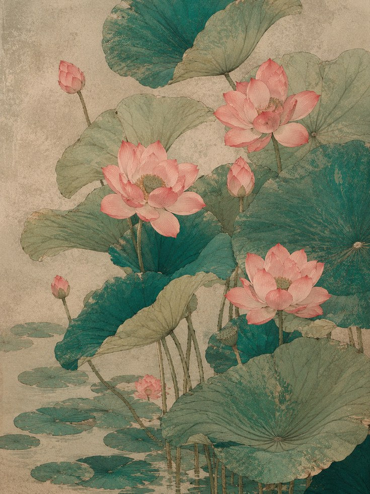 Pink Lotus Flowers Wall Art: Vintage Asian Botanical Print - artwork on paper