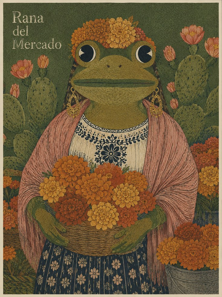 Folk Art Frog Print – Mexican Botanical Wall Art - artwork on paper
