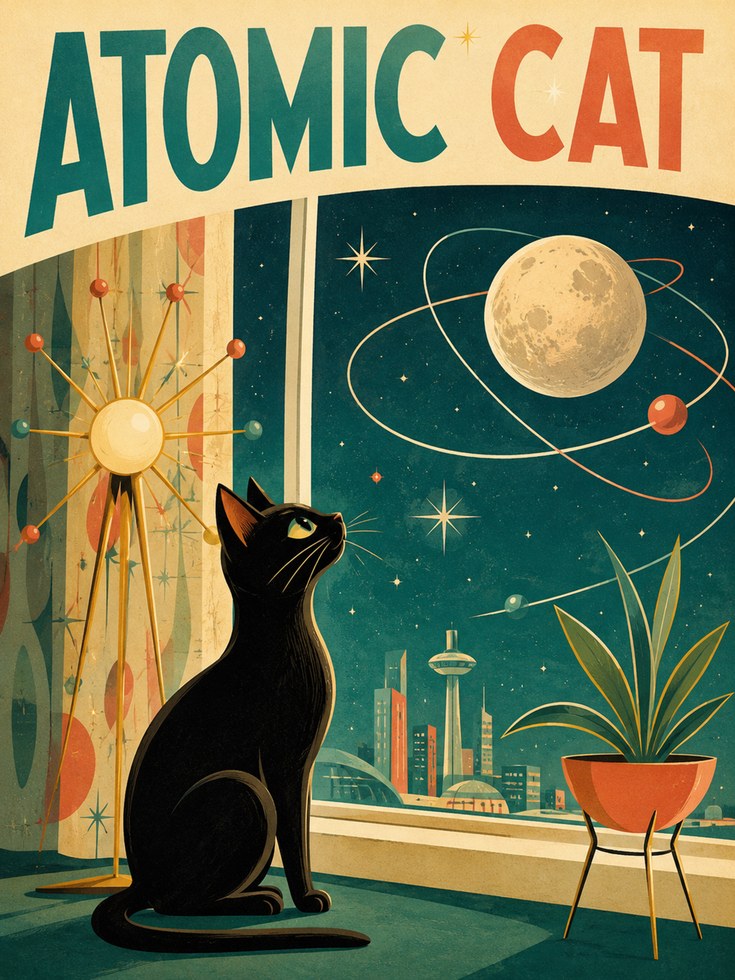 Mid Century Cat Poster – Retro Space Art - artwork on paper