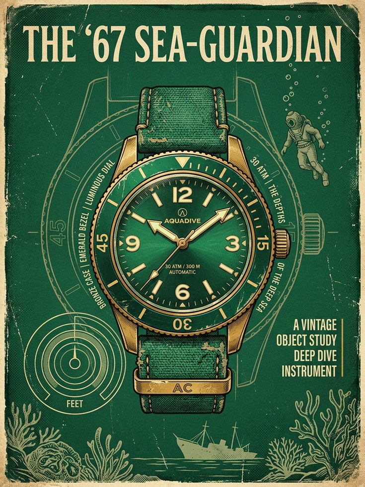 Vintage Dive Watch Poster: Retro Green Aquadive Advertisement - artwork on paper