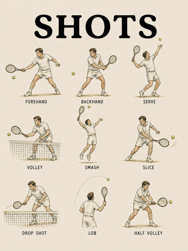 Vintage Tennis Shots Diagram Poster: Retro Sports Wall Art - artwork on paper