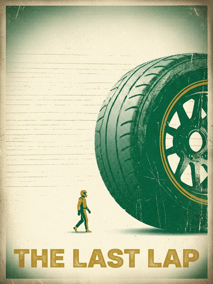 The Last Lap: Vintage Racing Poster Art Print Green and Gold - artwork on paper