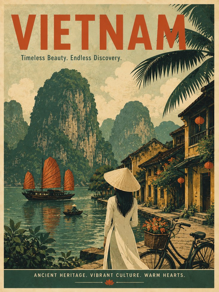 Vietnam Travel Poster – Vintage Asian Wall Art - artwork on paper