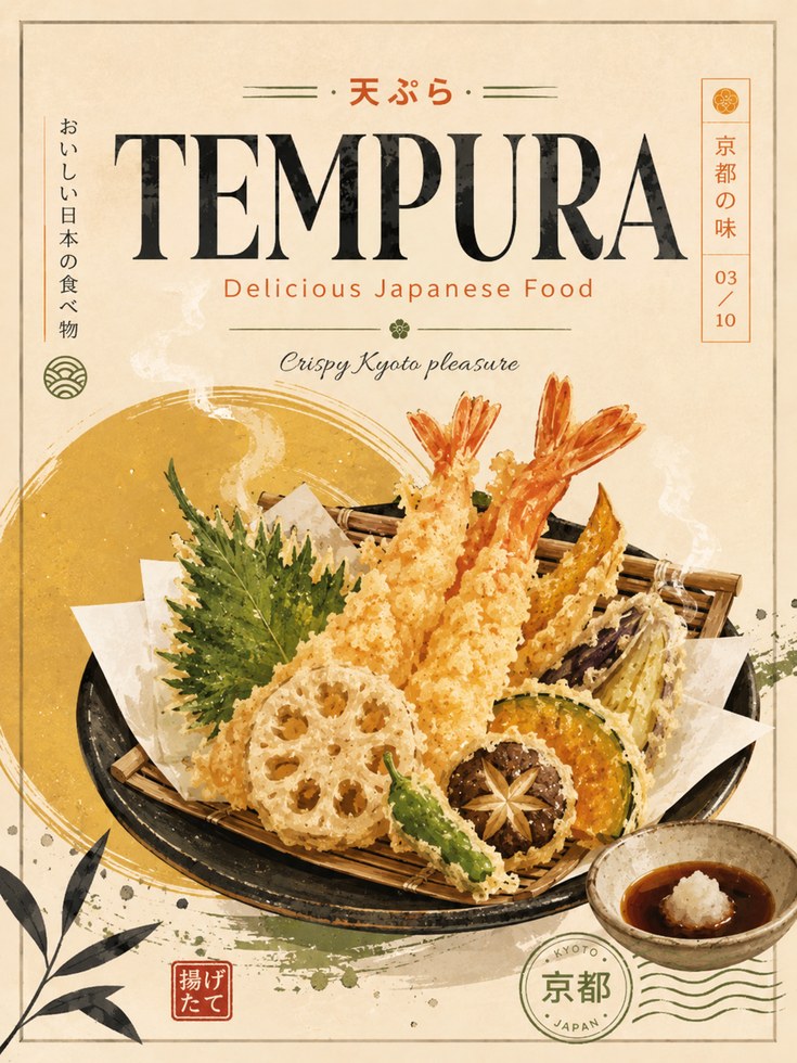 Tempura Food Print: Vintage Kyoto Poster (Kitchen and Dining Wall Art) - artwork on paper