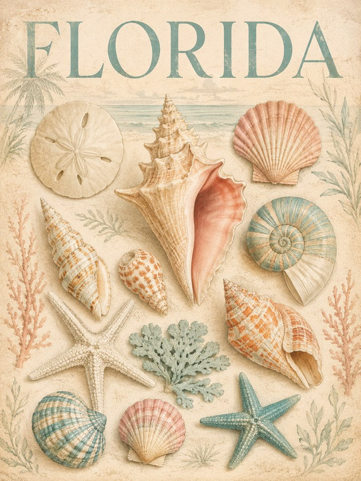 Florida Travel Poster – Coastal Seashell Wall Art - artwork on paper