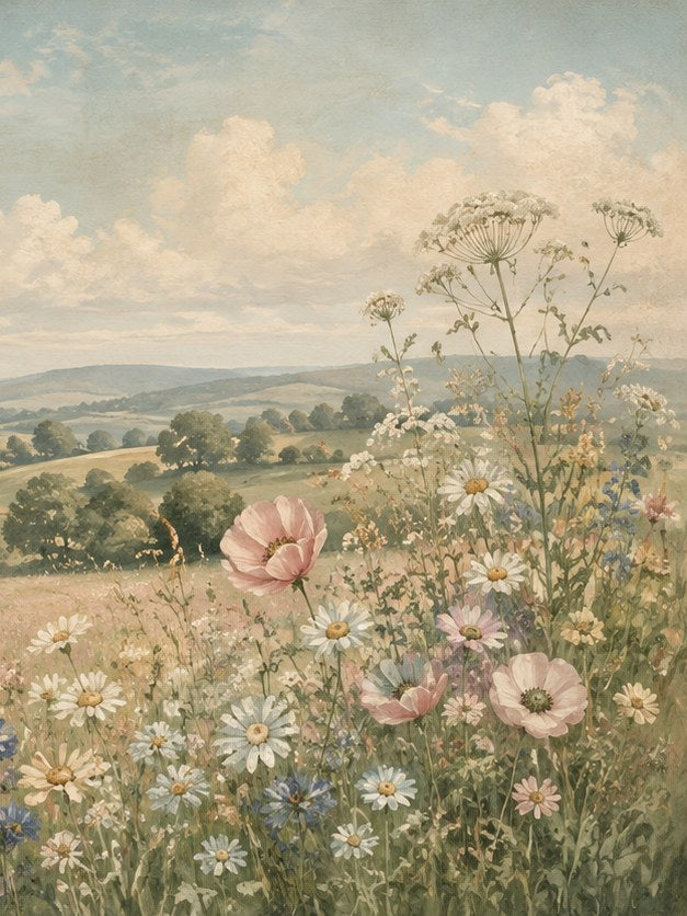 English Countryside Wildflower Meadow: Pastoral Landscape Art Print - artwork on paper