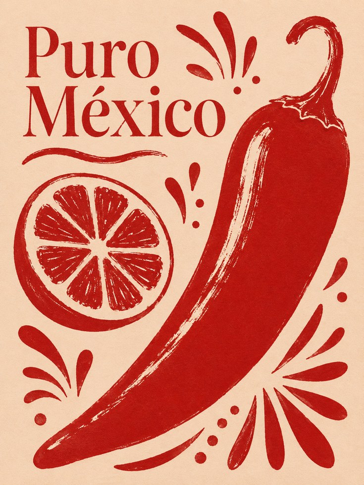 Puro Mexico Chili Pepper Print: Retro Red Kitchen Wall Art - artwork on paper