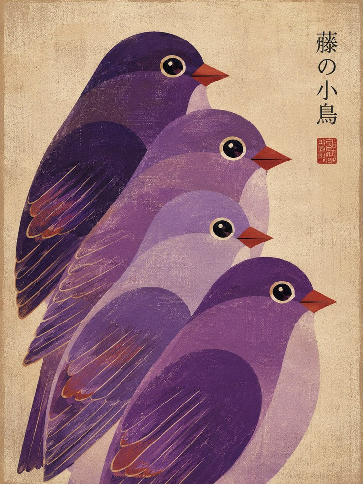 Purple Birds Art Print: Japanese Woodblock Style Design - artwork on paper