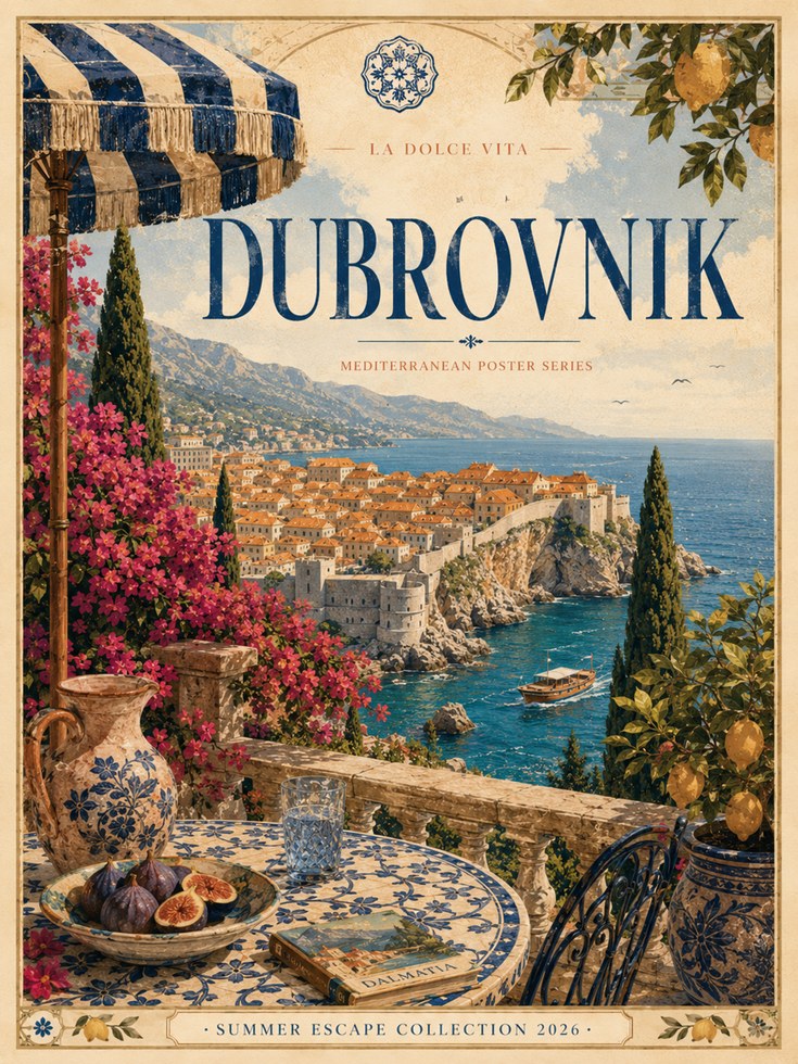 Dubrovnik Travel Poster — Vintage Mediterranean Coastal Print - artwork on paper