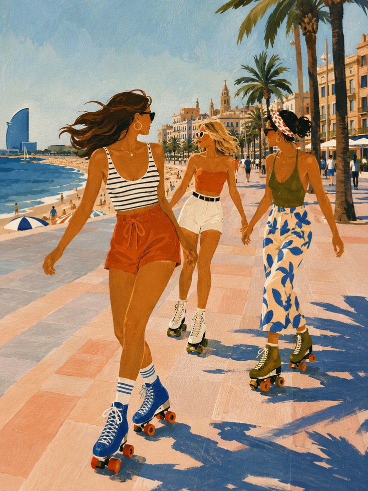 Roller Skating Girls Mediterranean Beach Art Print: Vintage Summer - artwork on paper